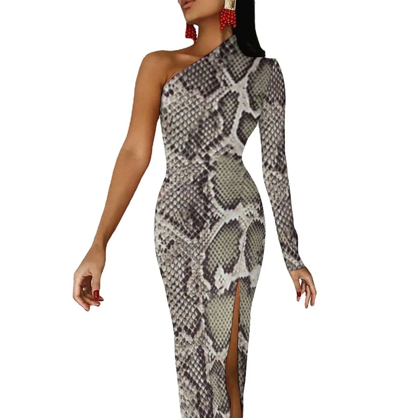 Snake Print/Geometric High Slit One Shoulder Long Sleeve Party Bodycon Maxi Dress
