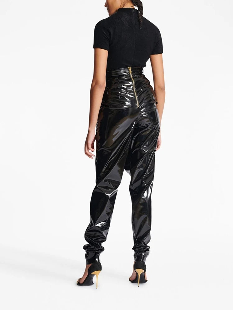 Shiny Patent Leather Wrapped Women's High Waist Faux Latex Harem Pants