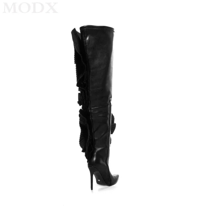 Pleated Real Leather Flower Embellishment Over- The-Knee Pointed Toe Thigh High Boots