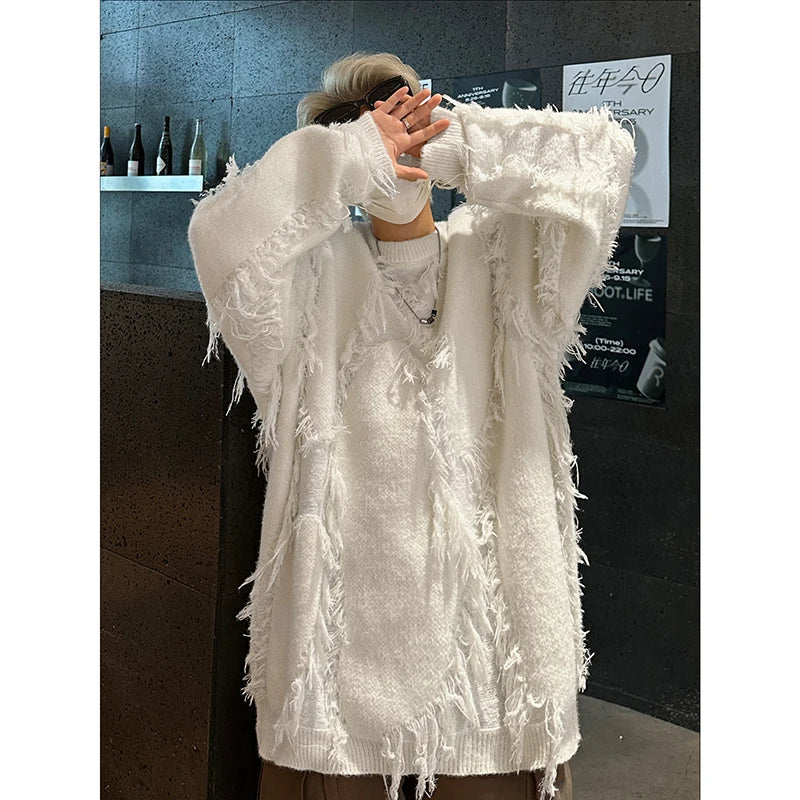 Men's Ripped Oversized Tassels Fringe Women's Streetwear Pullover Knitted O-Neck Sweaters