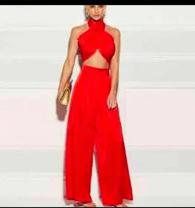 Bandage Slash Neck Bowtie Detail Strapless Crop Top + Wide Leg Pants Matching 2-Piece Set