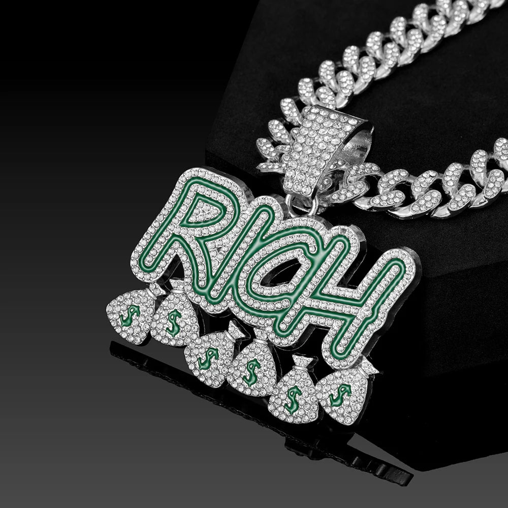 "Rich" Rhinestone Money Bag Pendant 13mm Miami Cuban Link Chain Necklace