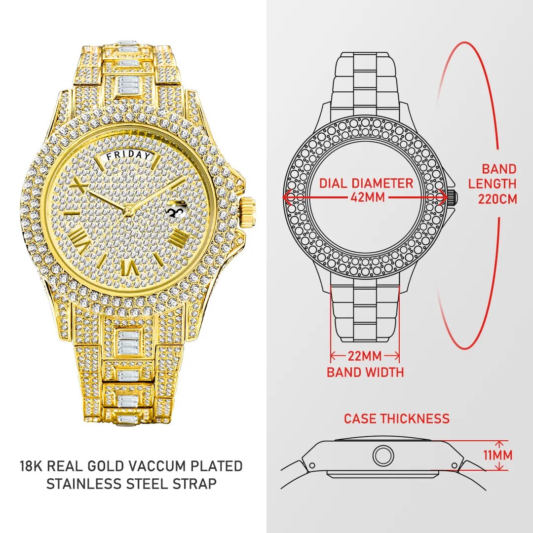 Iced Out Luxury Gold Full Diamond Hip Hop Waterproof Quartz Men's Watch