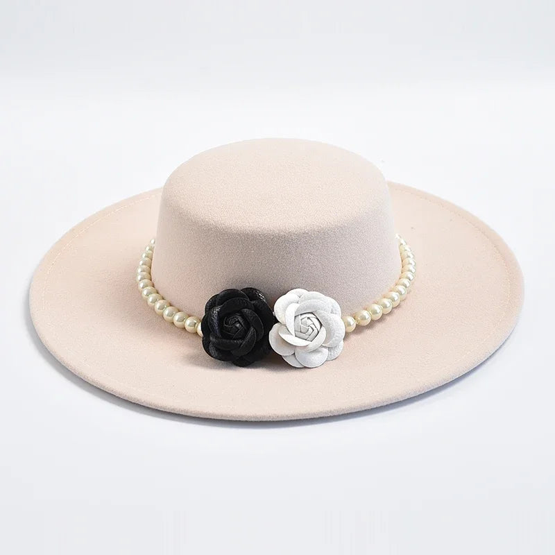 French Rose Flower Pearl Decor Wide Brim Flat Top Felt Derby Fedora Hat