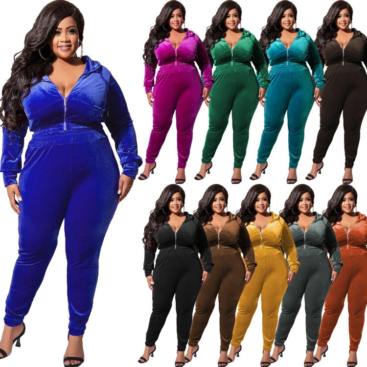 Velvet Solid Women's Zipper Hoodie Jacket + Elastic Waist Sweatpants Tracksuit to 5X Plus Size