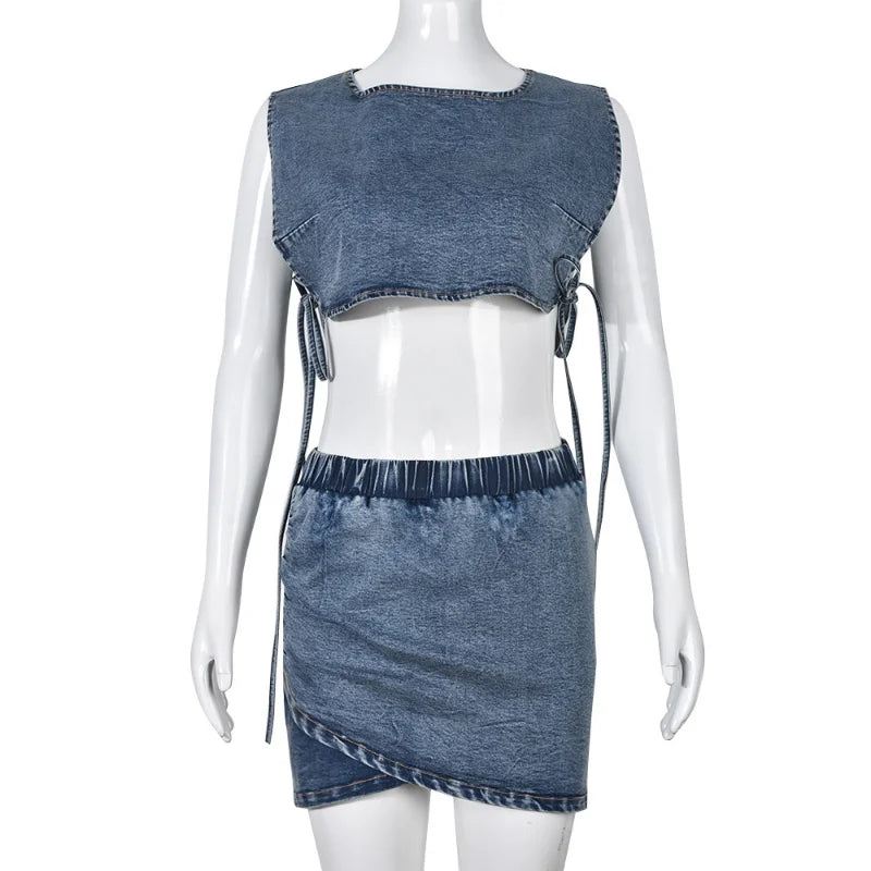 Strapless Washed Denim Hollow-Out Lace-Up Tank Top + Mini Elastic Waist Stretch Skirt 2-Piece Set