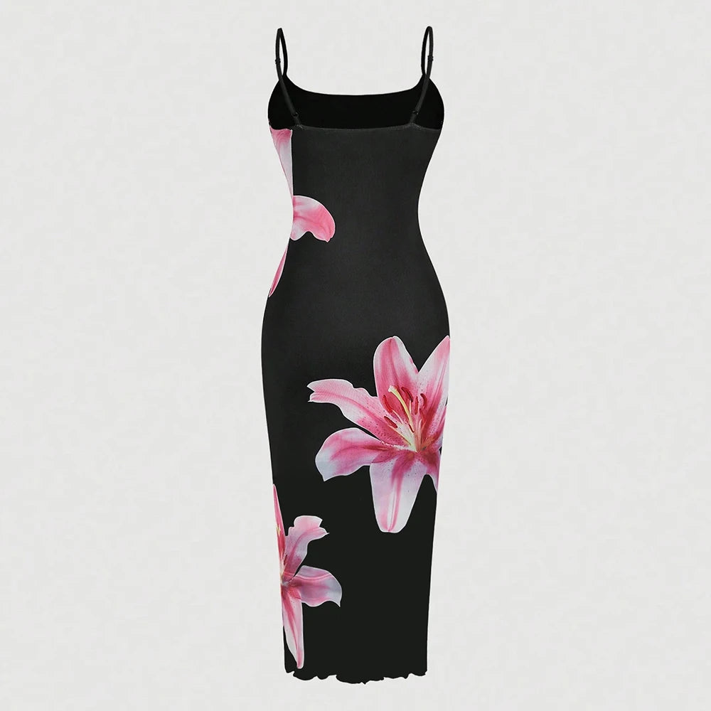 Black/Pink Sleeveless Flower Print Square Neck Spaghetti Strap Maxi Dress