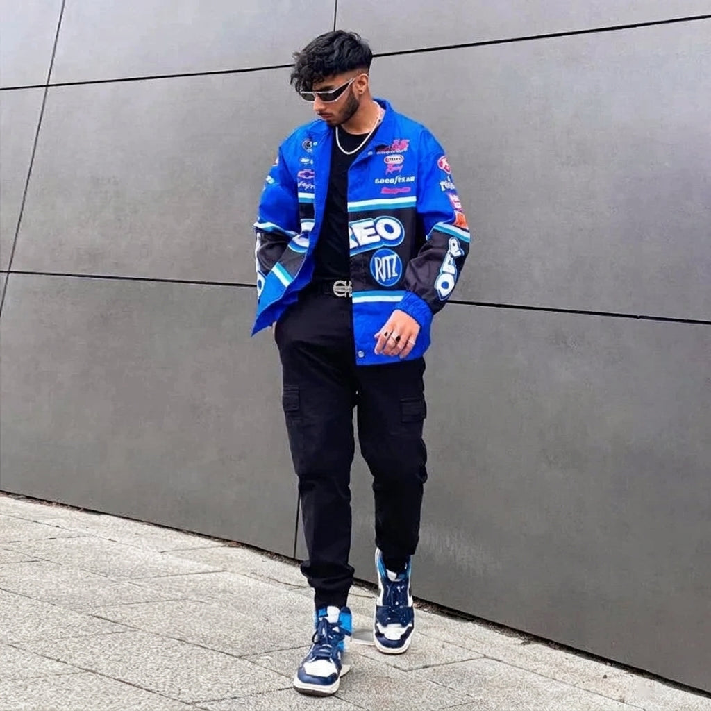 Blue Racing Patch Design Unisex Long Sleeve Motorcycle Baseball Varsity Bomber Jacket