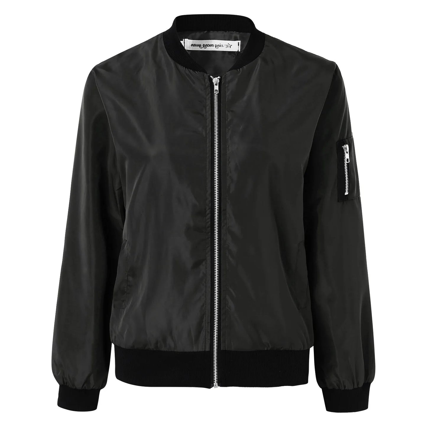 Mandarin Collar Women's Zipper Cargo Pocket Sleeve Design Bomber Jacket