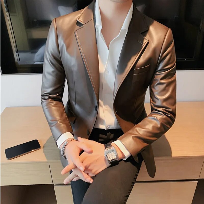 Men's Leather Single Breasted Slim Fit  Leather Blazer Jacket