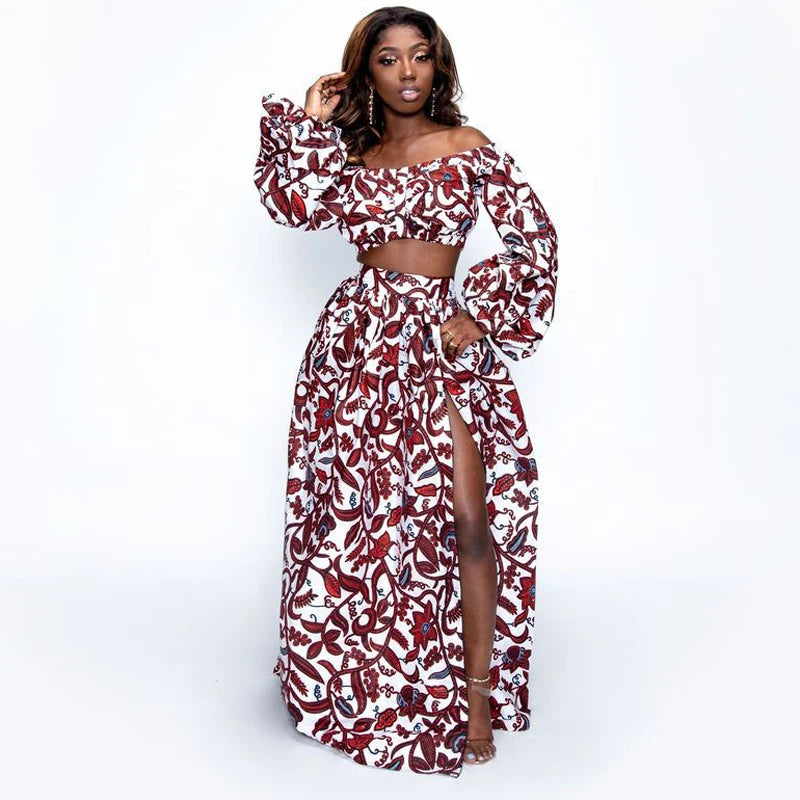 Fashion National Print Women Two Piece Set Sexy Slash-neck Sleeveless Blouse +High Slit Maxi Skirt Summer Casual Ladies Suit