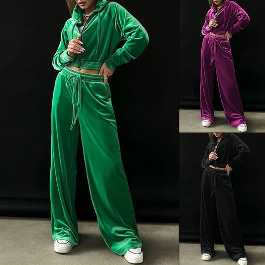 Velvet Zipper Hoodie Long Sleeve Jacket + High Waist Wide Leg Sweatpants Tracksuit