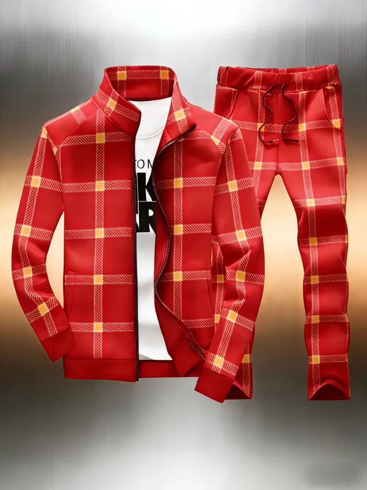 Men's Plaid Print Stand Collar Sports Zipper Jacket + Skinny Drawstring Jogger Sweatpants Tracksuit