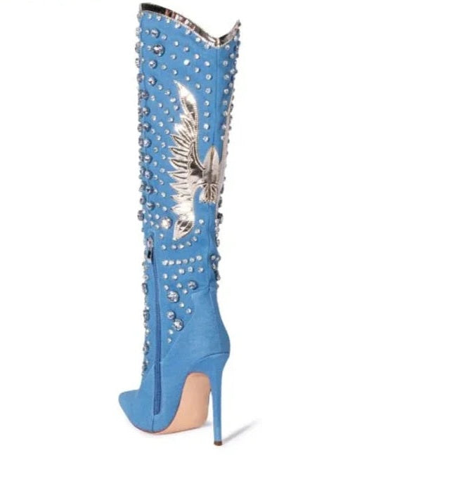 Rhinestone Embellished Pointed Toe Stiletto Glitter Crystal Western Cowgirl Knee-High Boots