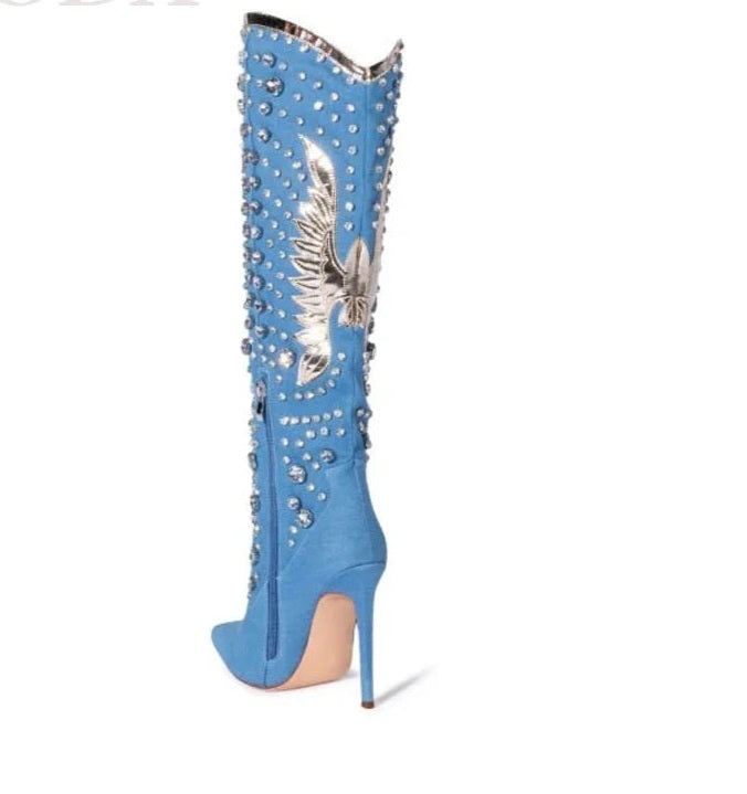 Rhinestone Embellished Pointed Toe Stiletto Glitter Crystal Western Cowgirl Knee-High Boots