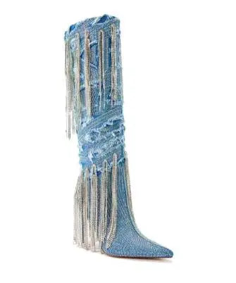 Faded Blue Jean Denim  Rhinestone Tassel Hot Drill Pointed Toe Slip-On Knee High Boots