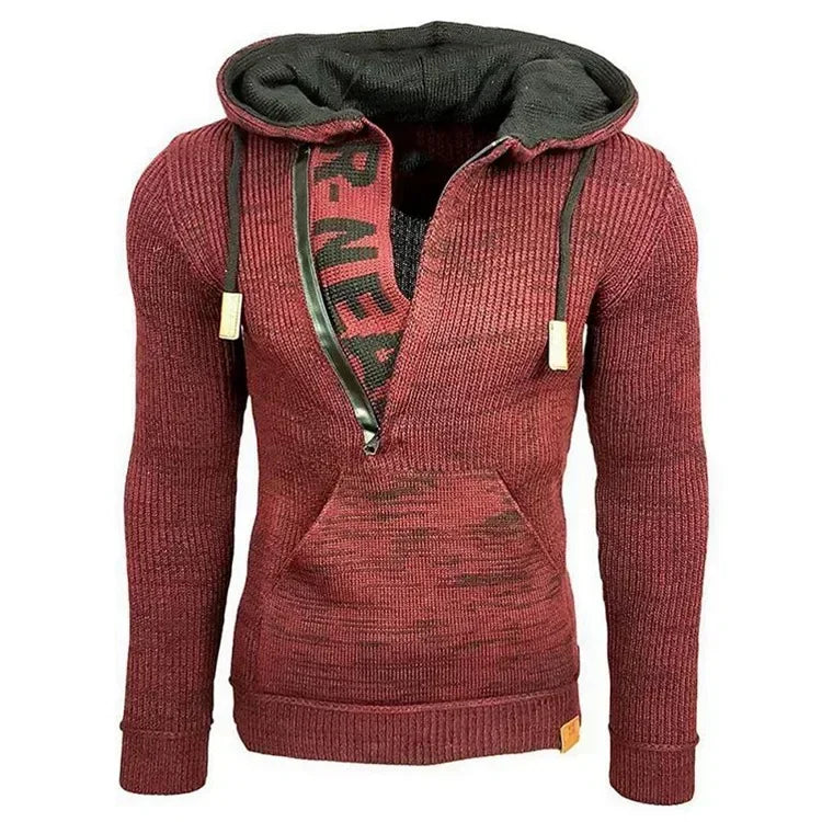 Men's Colorblock Wool Hip-Hop Patchwork Letter Print Drawstring High Neck Long Sleeve Knitted Pullover Pocketed Hoodie Sweater