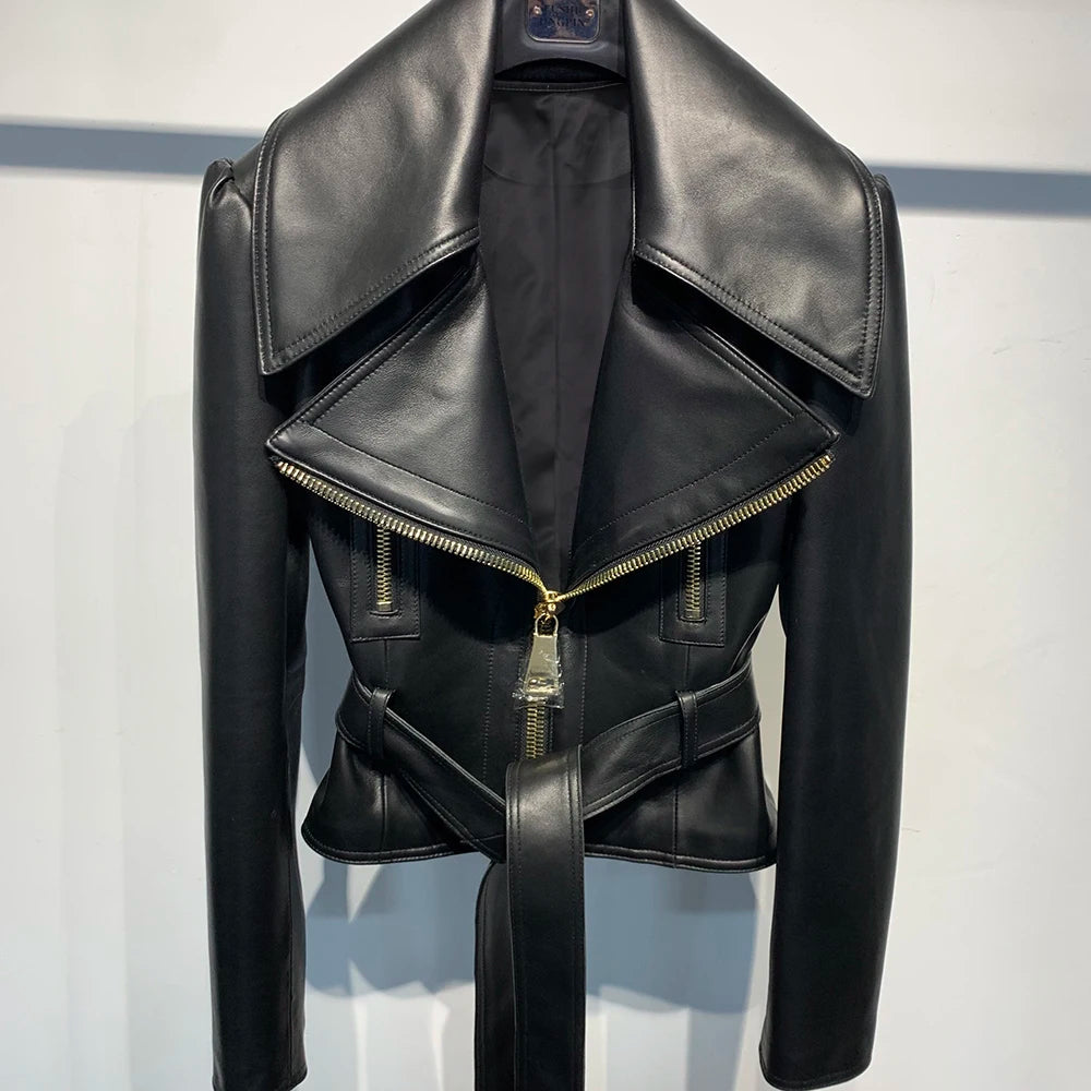 Black Turn-Down Collar Slim Leather Ladies Streetwear Jacket w/ Sash Belt