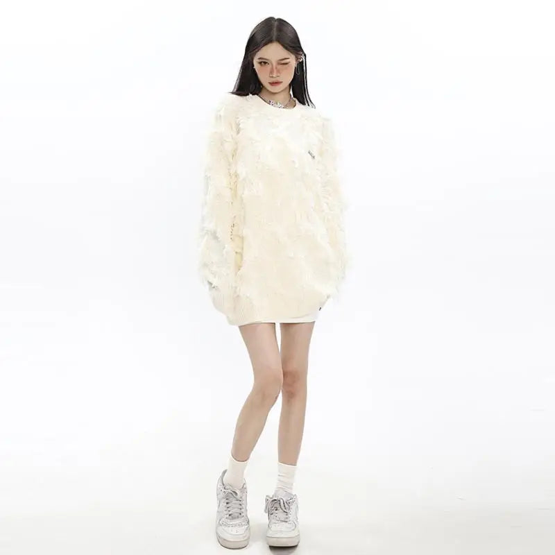 Oversized Fringe Tassel Design Knitted Women's Streetwear Loose Pullover Loose Sweater