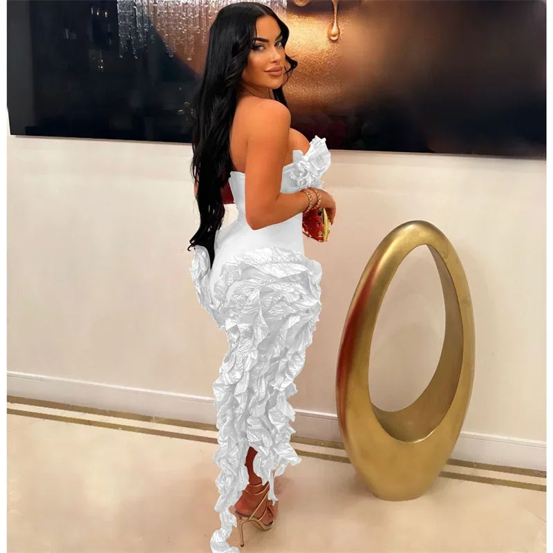 Sleeveless Floral Ruffled Tube Top Hanging Tassel Design Irregular Dress