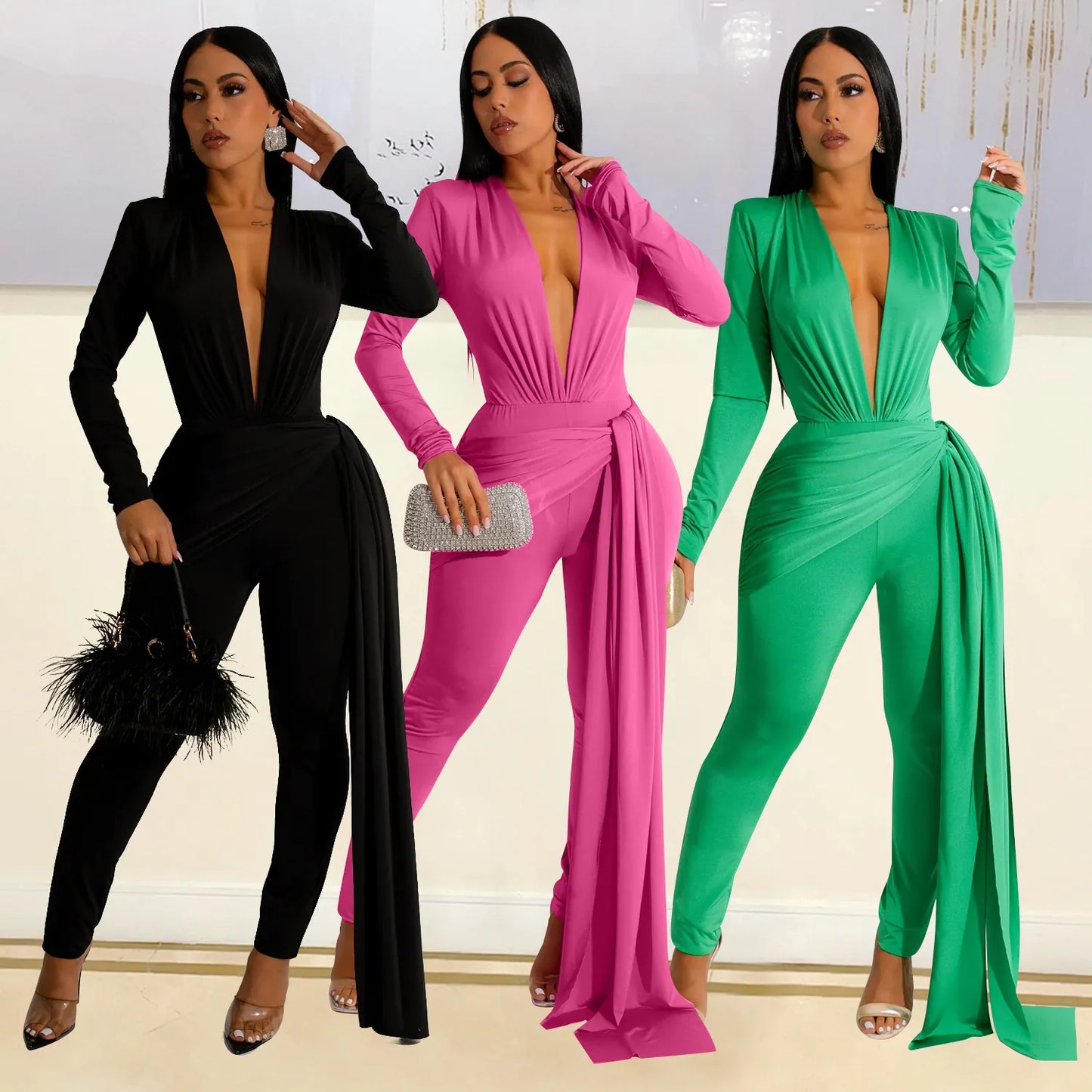 Ribbon Draped Train Bodycon Long Sleeve Lace Up Jumpsuit