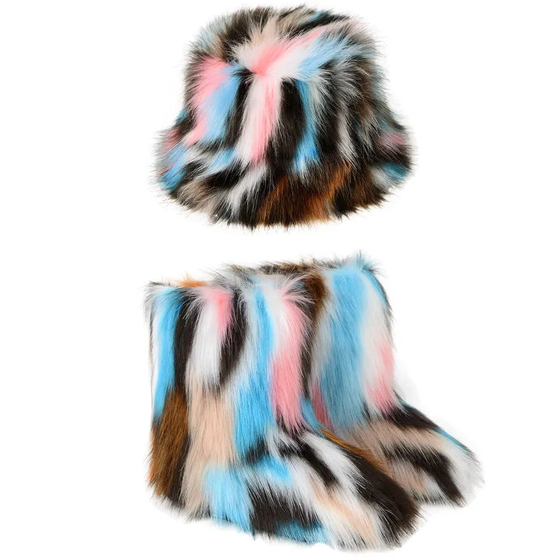 Faux Fur Tie-Dye Print Ladies Plush Slip on Ankle Snowboots + Matching Bucket Hat 2-Piece Set