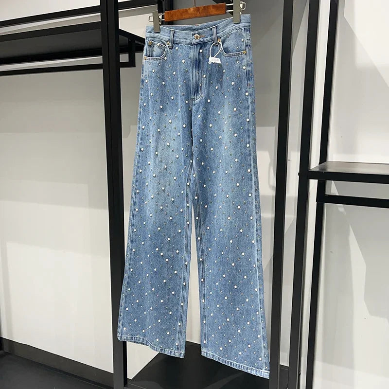 Denim Rhinestone Embellished Decor Women's Turn-Down Collar Zipper Jean Jacket OR Straight Jeans SOLD AS SEPARATES