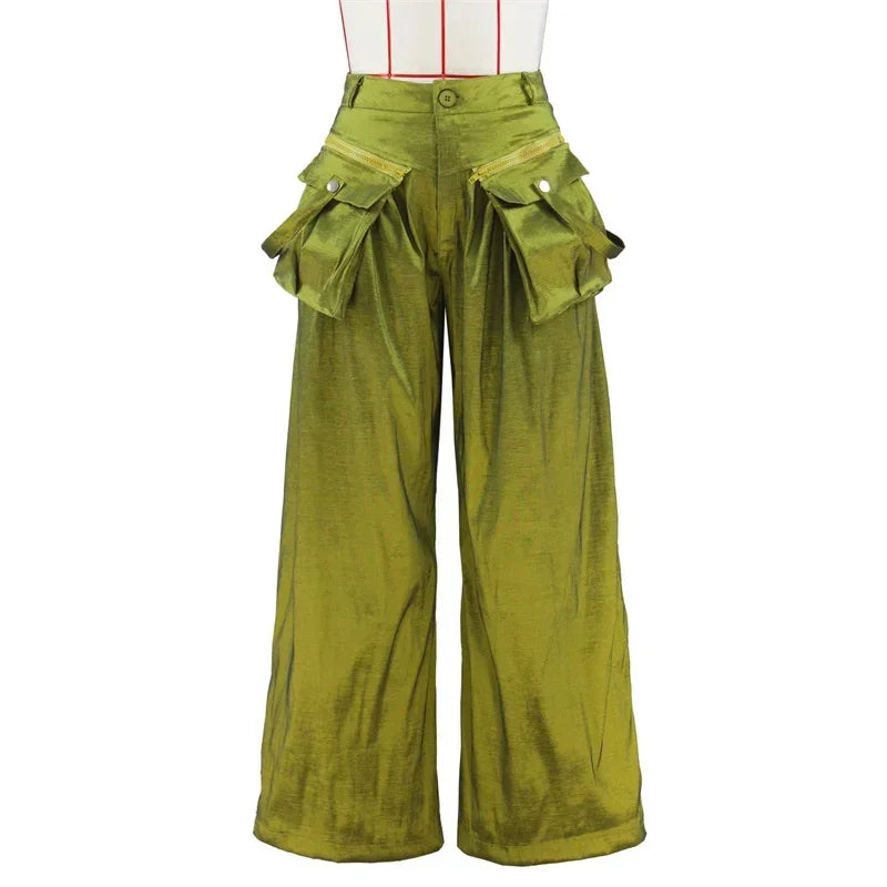 Solid Color Streetwear High Waist Removable Pocket Wide Leg Loose Cargo Trouser Pants