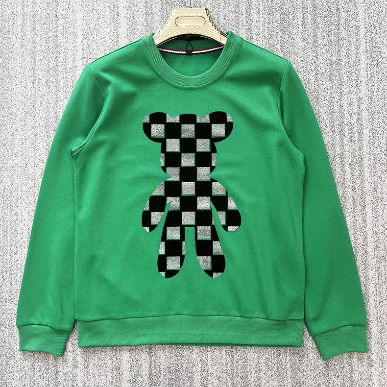 Men's O-Neck Rhinestone Checkered Teddy Bear Streetwear Sweatshirt