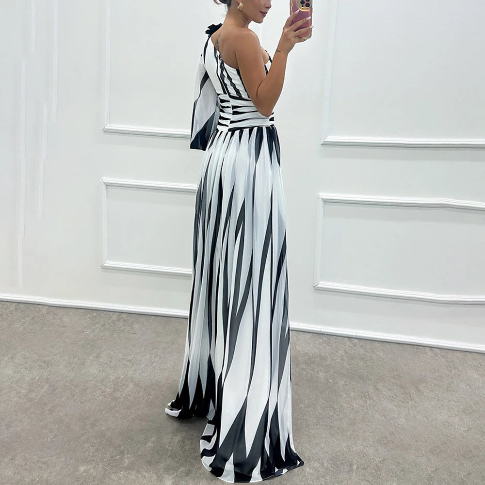 One Puff Sleeve Geometric Asymmetrical Striped High Slit Formal Maxi Party Dress