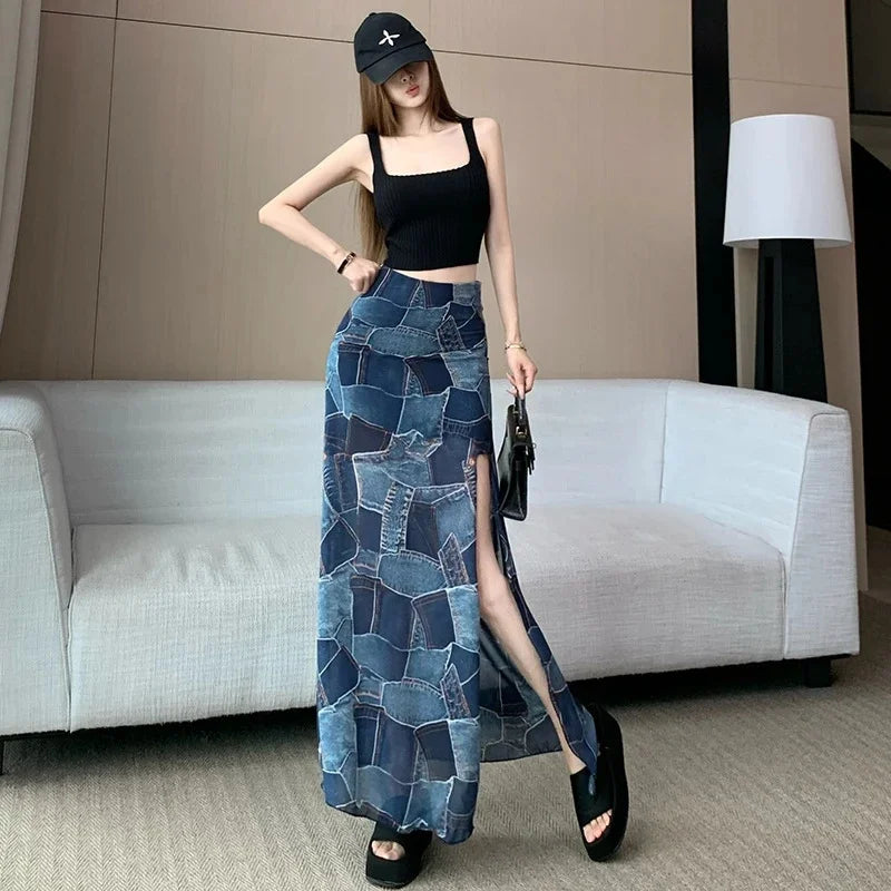 Colorblock Plaid Faux Denim Print High Slit A-Line Maxi Skirt