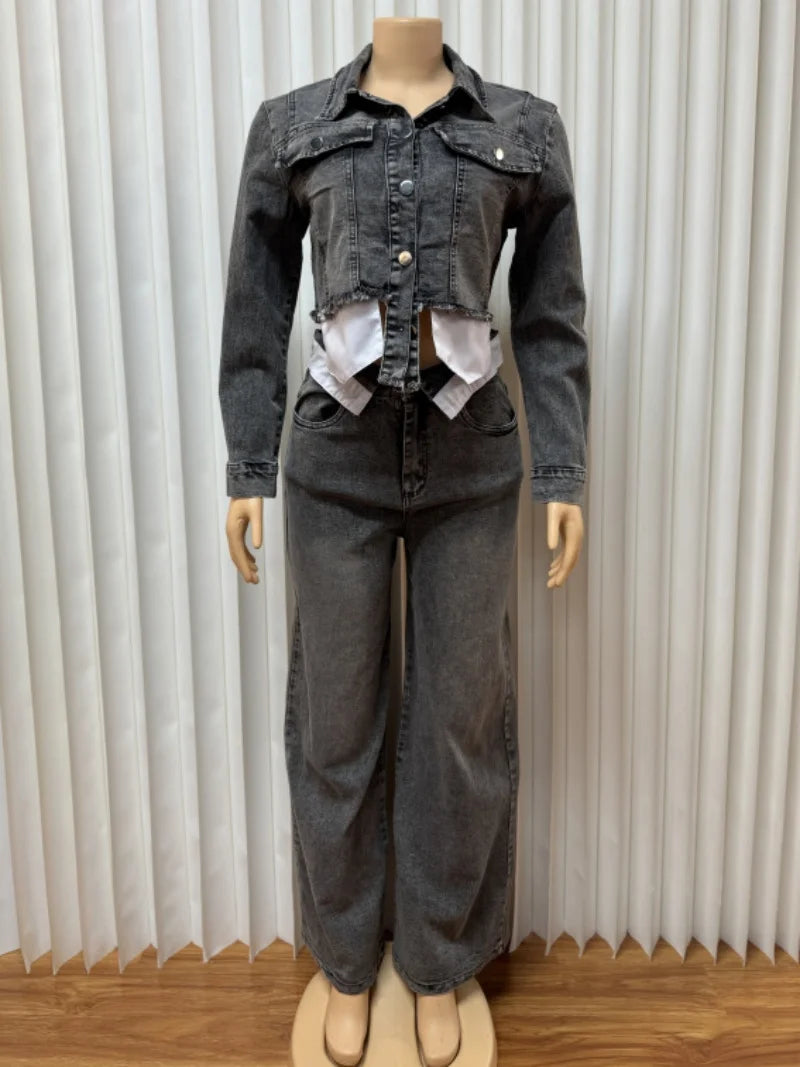 Washed Denim Long Sleeve Cropped Jean Jacket + Straight Jeans  Set