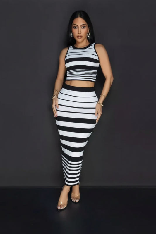Striped Round Neck Sleeveless Crop Top + Bodycon Maxi Skirt Women's 2-Piece Set