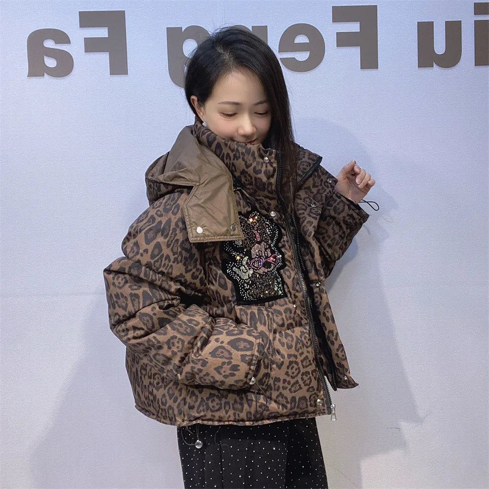 Leopard Rhinestone Hip-Hop Minnie Mouse Print Women's Quilted Cotton Down Hooded Jacket
