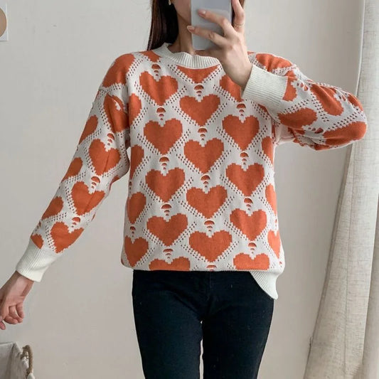 Heart Print Colorblock Jacquard O-Neck Women's Knitted Sweater