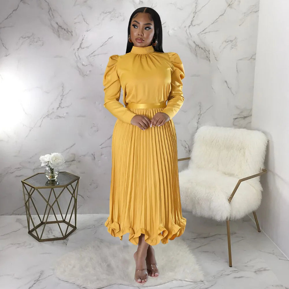 Women’s Solid Color O-Neck Lantern Sleeve Blouse + A-Line Flounce Formal Pleated Maxi Skirt w/ Sash Belt 2-Piece Set