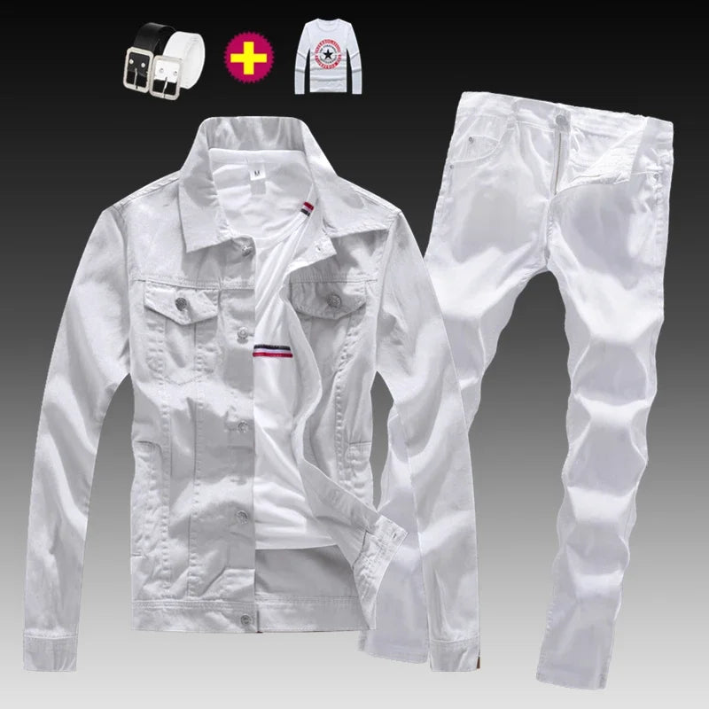 Men's Washed Denim Solid/Peace Sign Patch Design Jean Jacket + Ruched Skinny Jeans 2-Piece Set