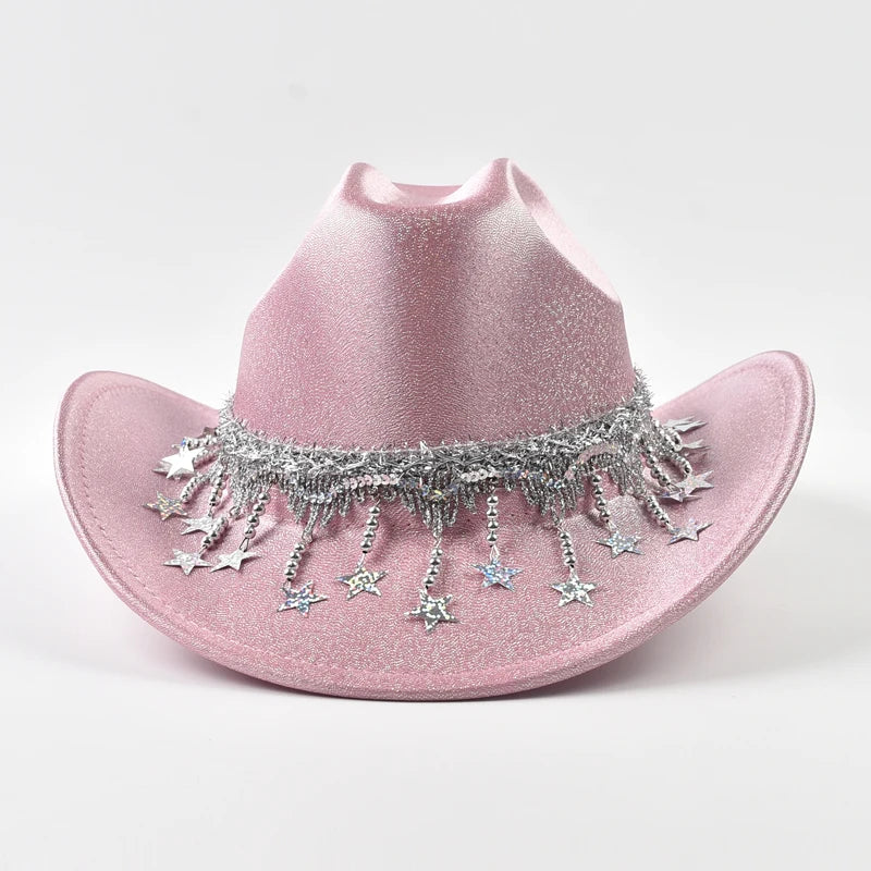 Sequin Rhinestone Metallic Tassel Fringe Women's Cowgirl Fedora Hat