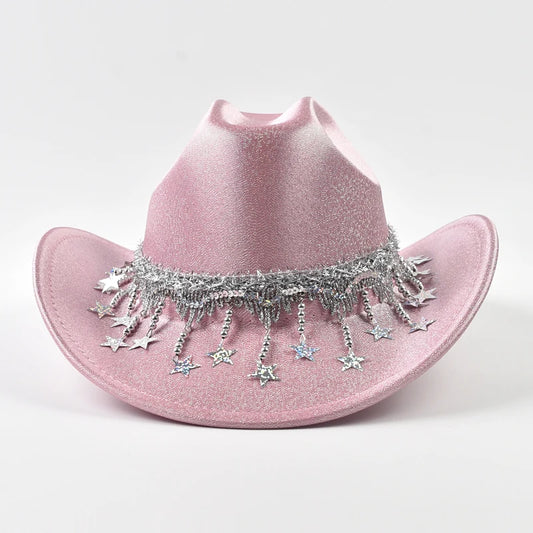 Sequin Rhinestone Metallic Tassel Fringe Women's Cowgirl Fedora Hat