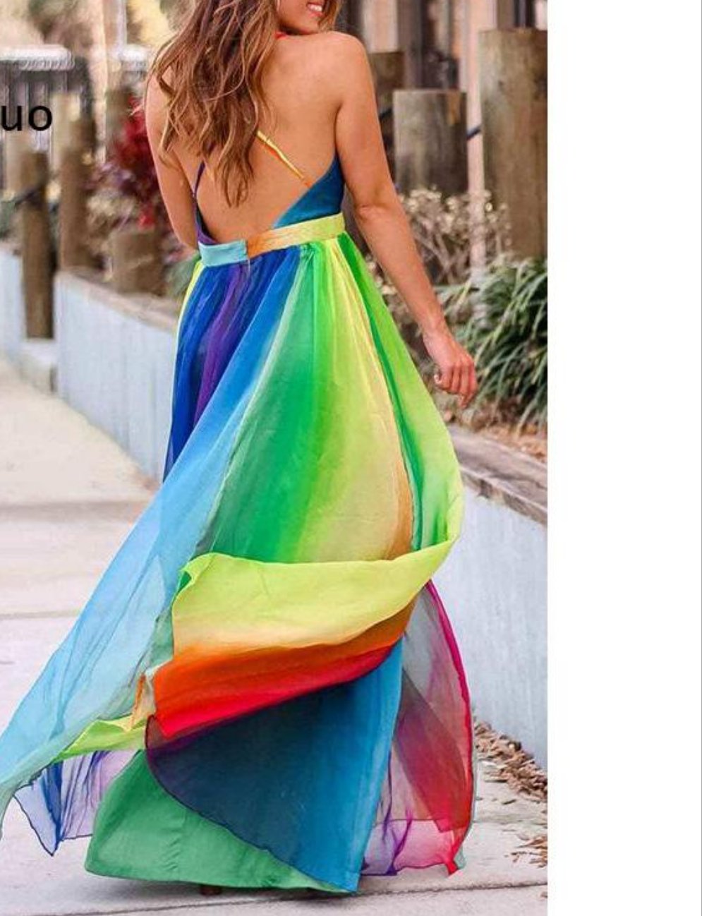 Chiffon Rainbow Colorblock Striped Mesh Spaghetti Strap V-Neck Maxi Dress