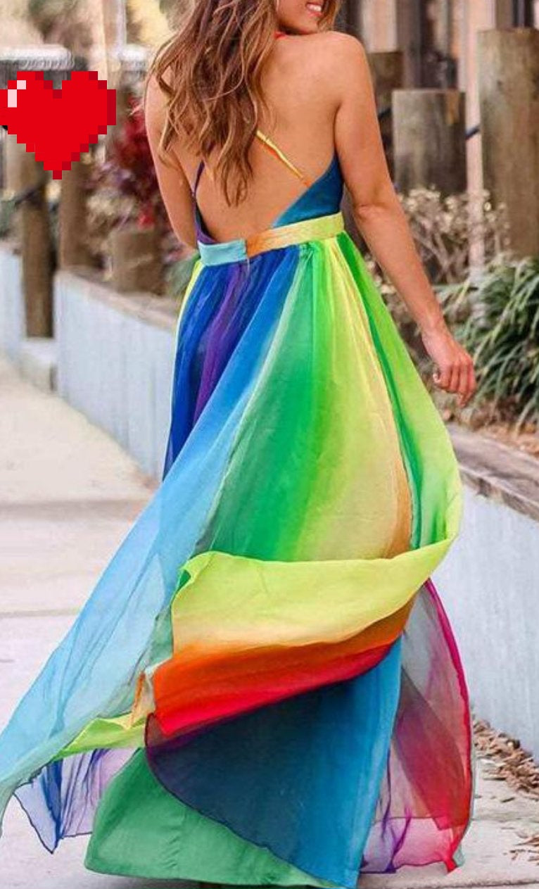 Chiffon Rainbow Colorblock Striped Mesh Spaghetti Strap V-Neck Maxi Dress