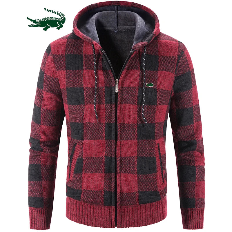 Men's Plaid Fleece Hoodie Checkered Hooded Knitted Cardigan Sweater Jacket