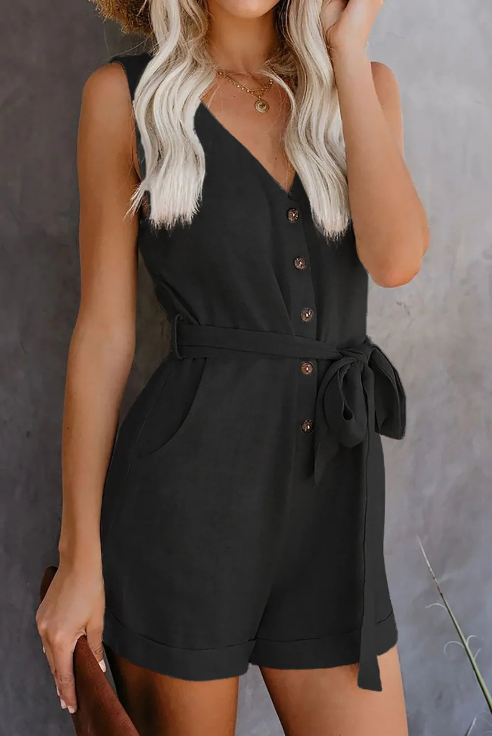 Sleeveless Button-Up Women's V-Neck Solid Color Monochromatic Sash Belt Romper