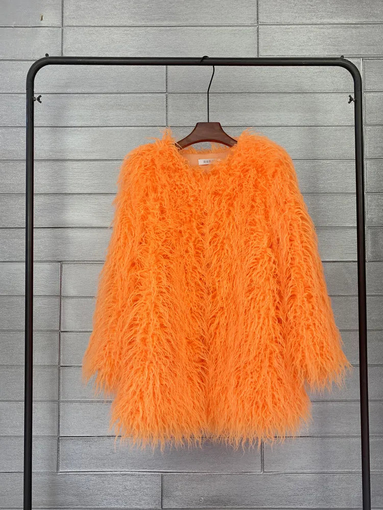 Colorful Furry Lamb Wool Faux Fur Shaggy Sheepskin Women's Coat