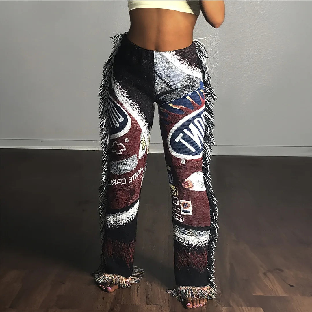 Side Tassel Fringe Detail Camoflauge Tie-Dye Patchwork 3D Graphic Letter Print Elastic Waist Women's Pants