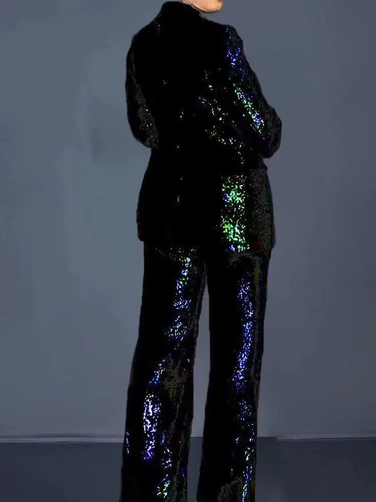 Sparkle Glitter Design Long Sleeve Sequin Blazer + High Waist Wide Leg Pants Ladies Suit