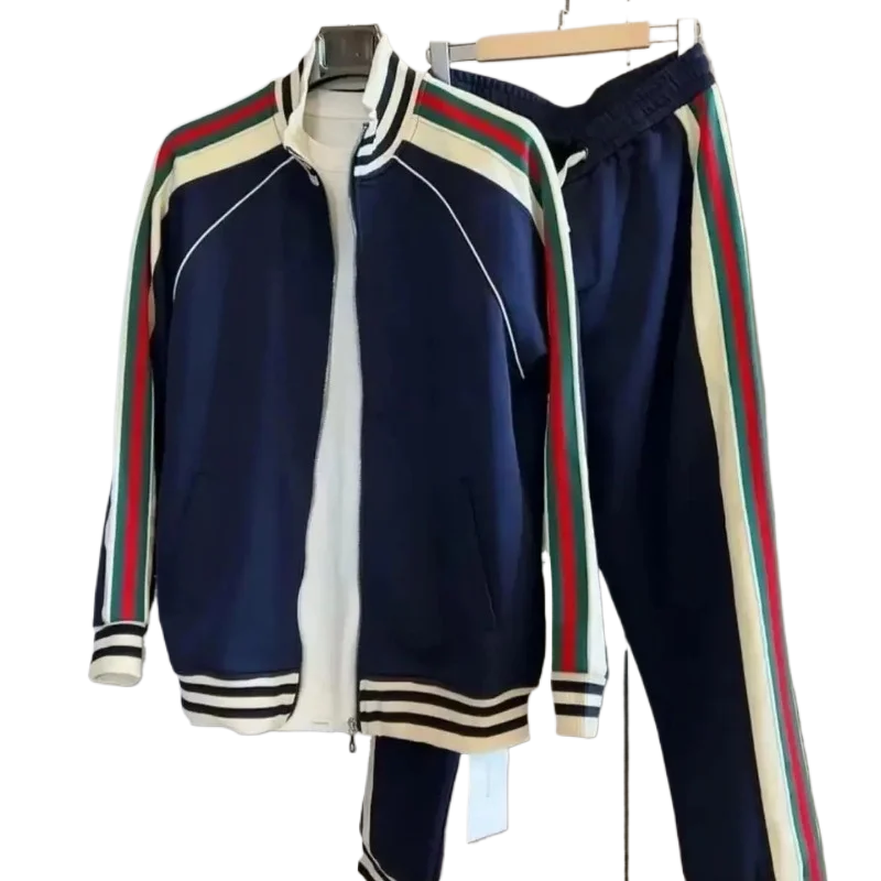 Men's Blue Striped Mandarin Collar + Jogger Sweatpants Tracksuit