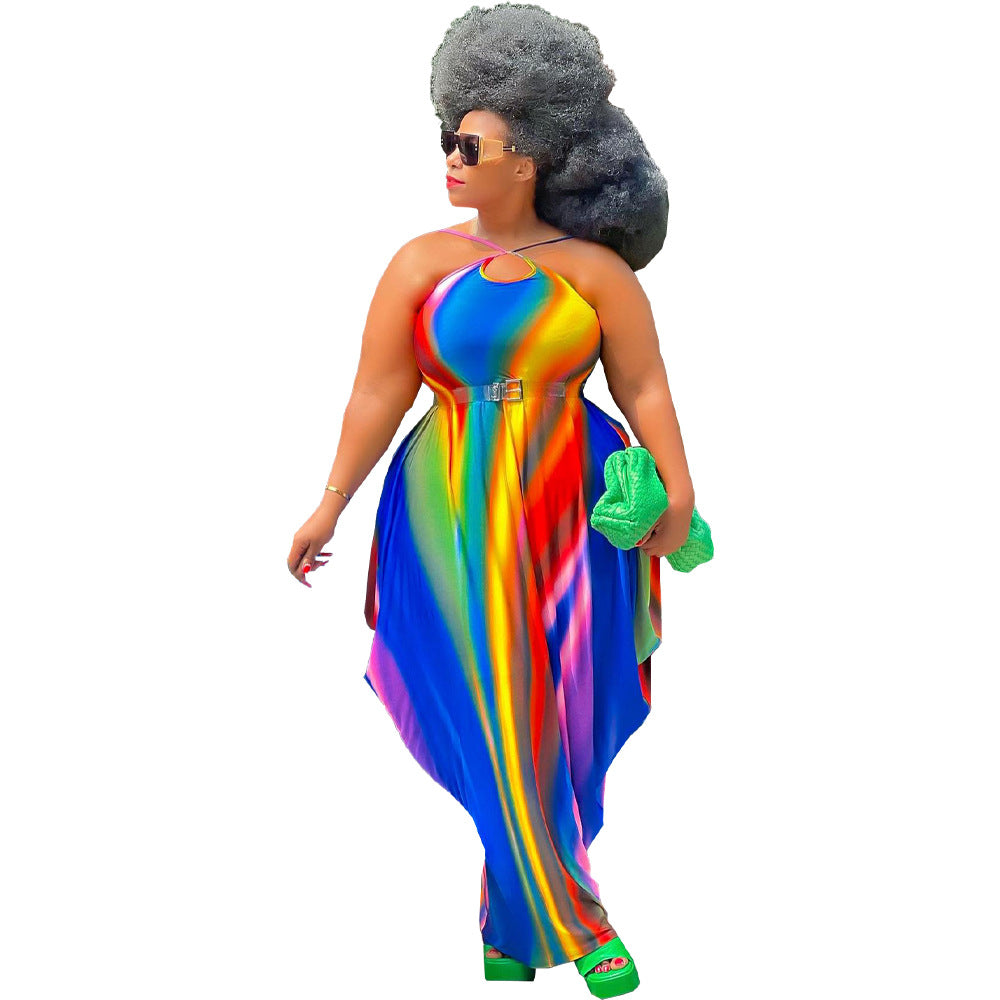 Rainbow Striped Colorblock Ruched Ruffled Sleeveless Print Harem Maxi Dress to 5X Plus Size