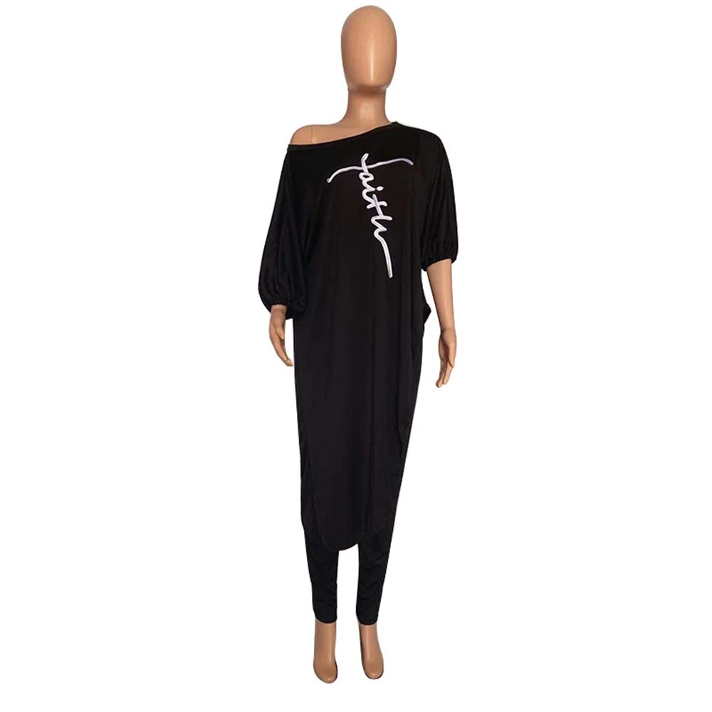 "Faith" Oversized Mid-Sleeve Plus Size Slanted Shoulder Embroidered Maxi Shirt + Leggings Matching 2-Piece Set to 5X