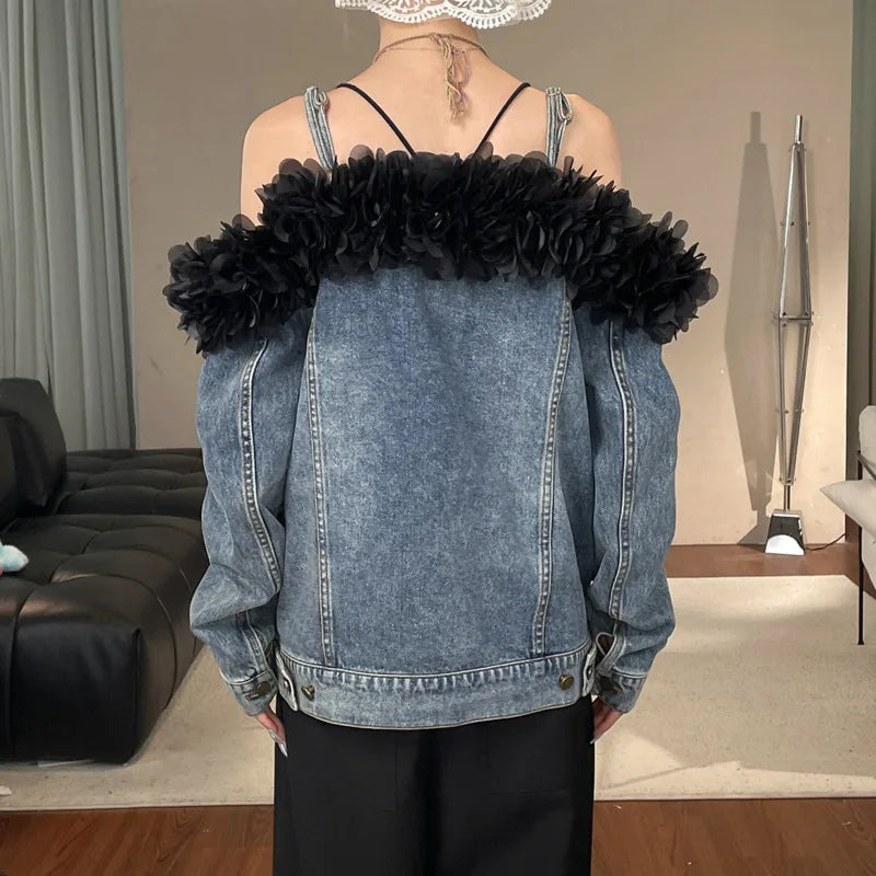 Denim Faded Light Blue Irregular Washed Black Rose Flower Trim Off-the-Shoulder Women's Double Pocket Design Jean Jacket